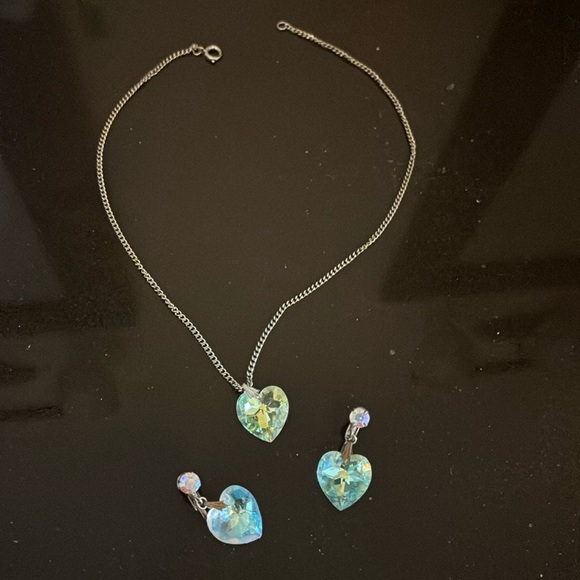 Jewelry - Vintage Heart Crystal necklace and clip earrings